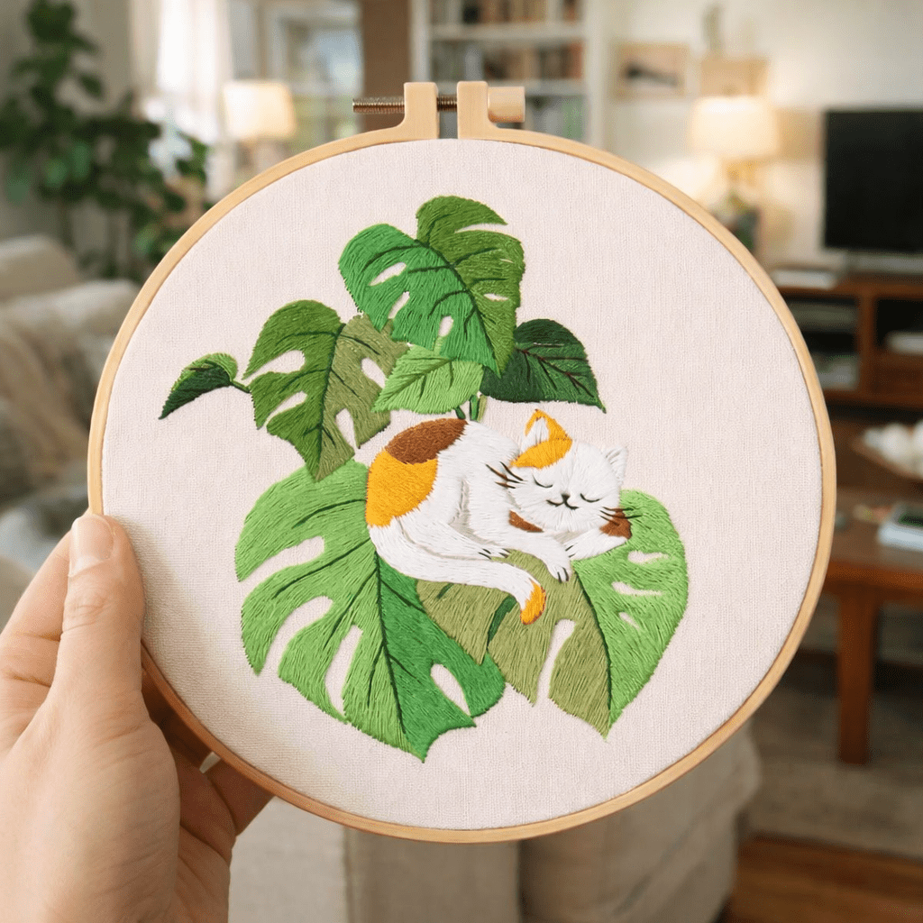 Embroidery hoop with a cat and leaf design held in a hand, blurred indoor background